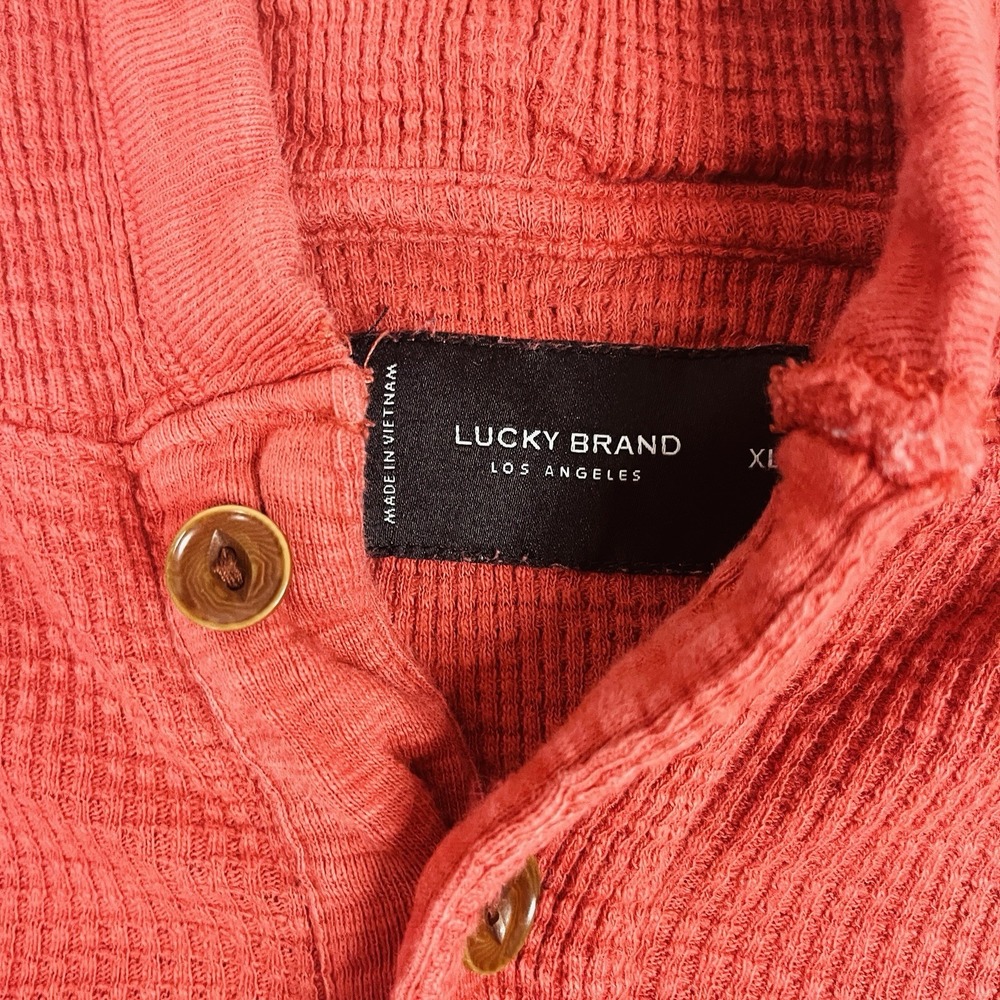 Lucky Brand Mens XL Red Waffle Knit Henley Hoodie Thermal Pullover Cotton Blend